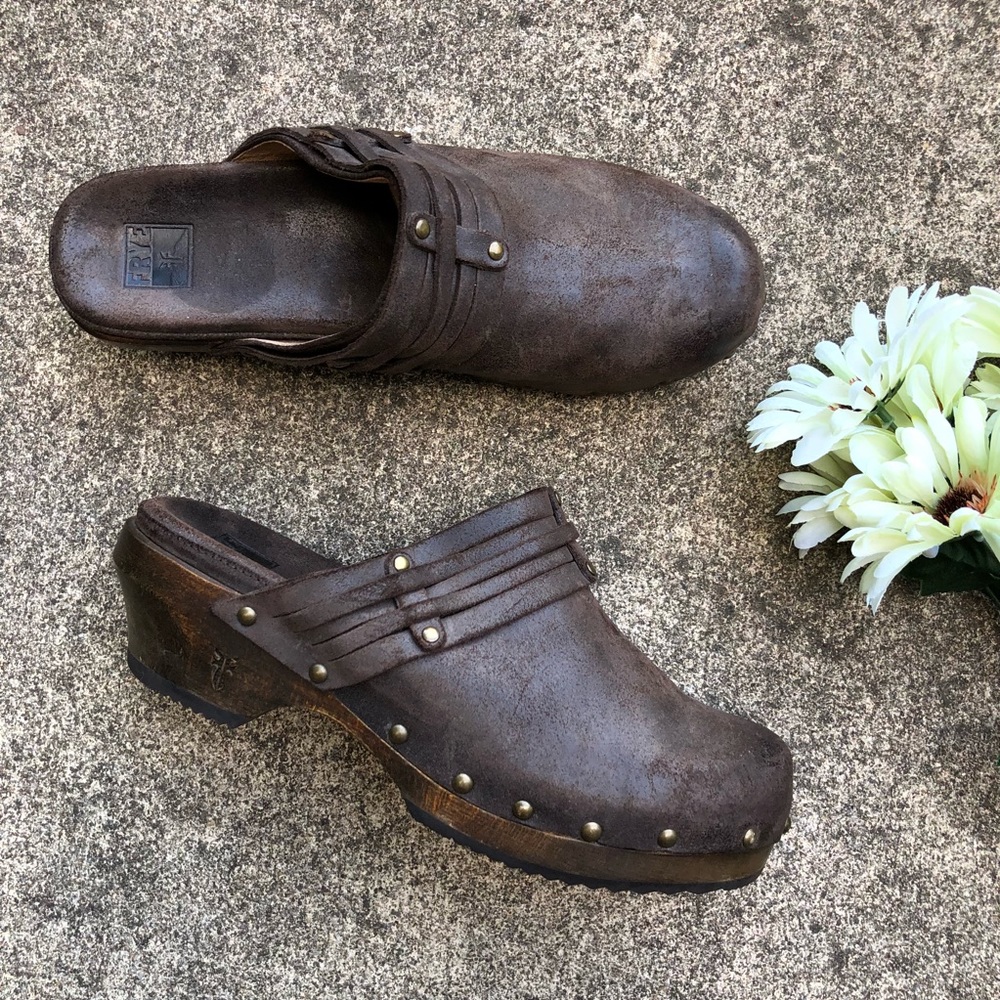 Frye Clara Stud Distressed Leather Clogs